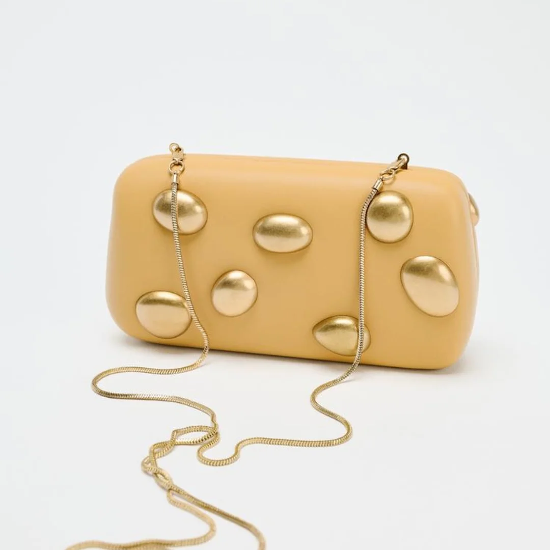 

Metal rivet clutch bag eveing wedding dinner party small box purse yellow color handbag with chain