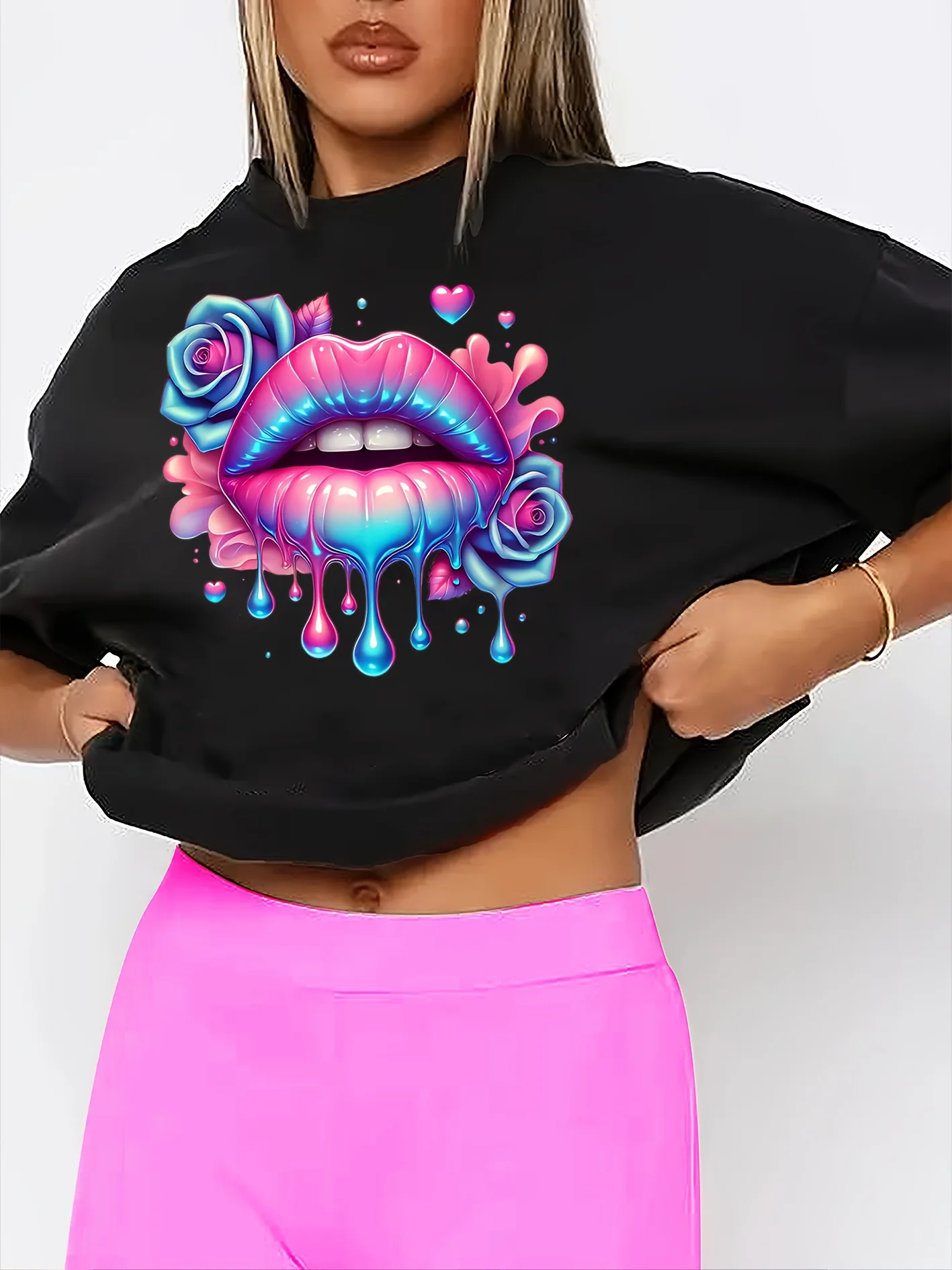 

Cotton 100% TWomen's Pink Casual T-Shirt with Colorful Rose and He Graphic T Shirts Women Clothes Tops Kawaii Clothes