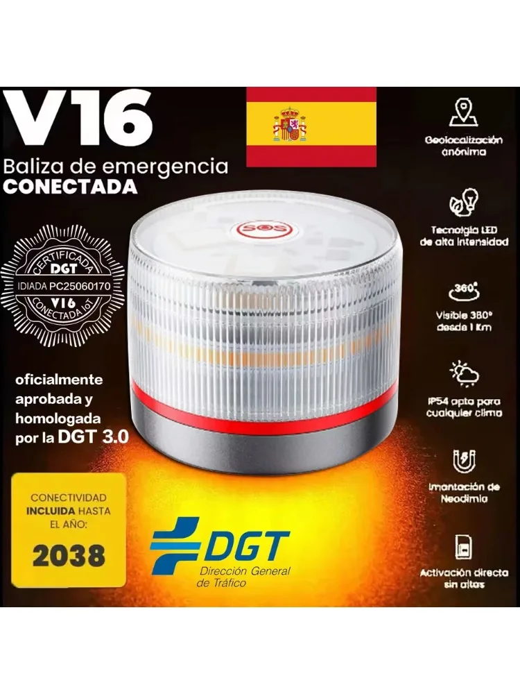 2026 Spaanse auto must-have V16 Geolocation DGT 3.0 goedgekeurde auto-noodverlichting met SIM en gegevens betaald tot 2038 - afbeelding 2