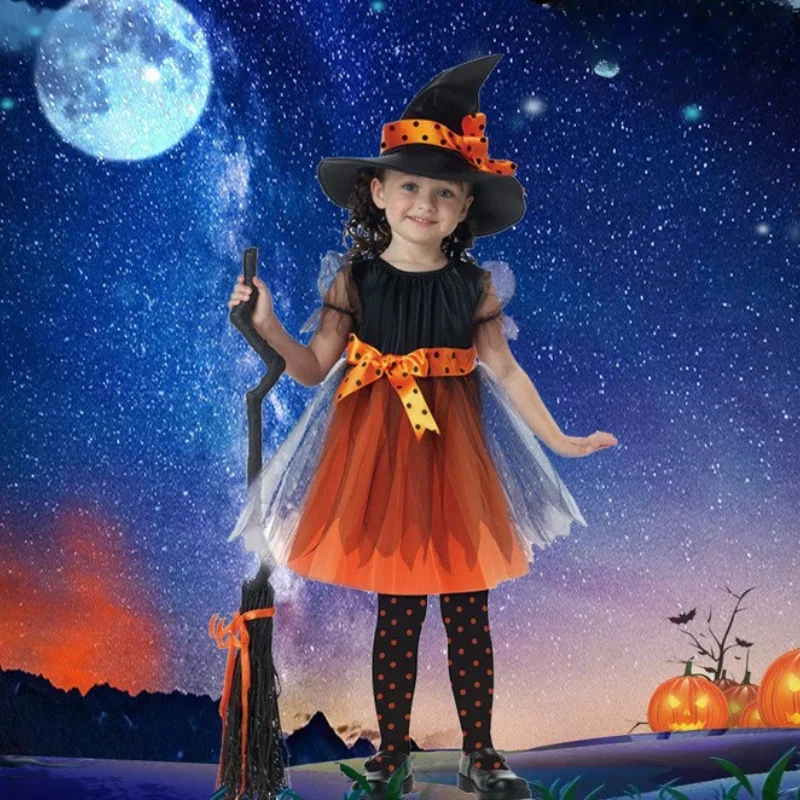 Kurzes Orange-Schwarzes Hexen-Halloween-Kostüm für Mädchen, Komplettset mit Tüllkleid, Hut und Kürbistasche, Kinder-Party-Cosplay – Detail 2