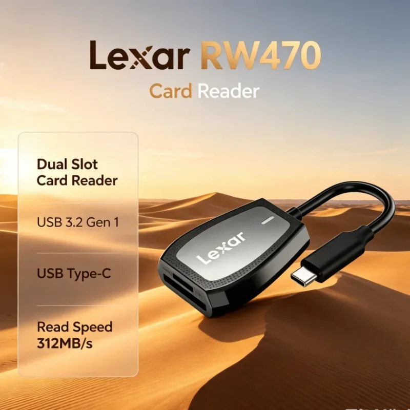 Lexar RW470 USB 3.2 Gen1 2-in-1 Type-C Dual Slot Card Reader SD microSD UHS-II 312MB/s Transfer Speed for Camera Data transfer