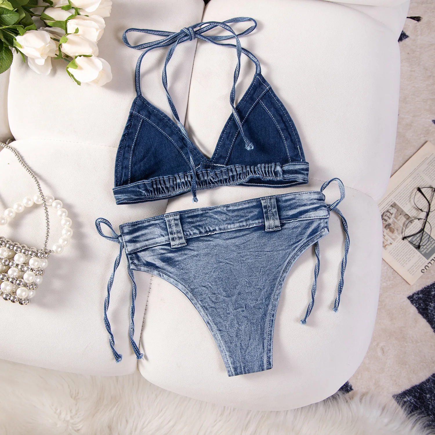 New Sexy Women's Denim Bikini Set Beach Split Swimsuit with Jeans Shorts and Bra for Beach Play and Bar Nightclub Performance