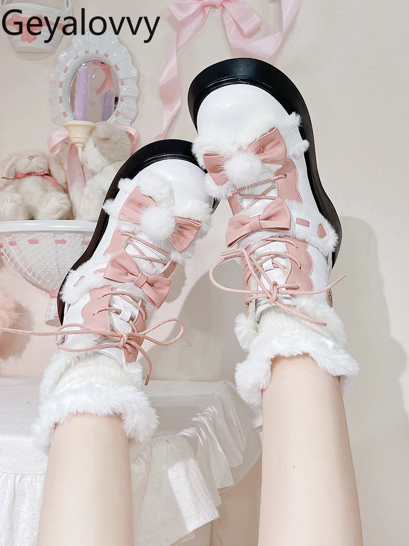 

Japanese Original Lolita Versatile Lace-up Snow Short Boots Winter Cotton Shoes Sweet Cute Women's Fleece Thick Sole Boots