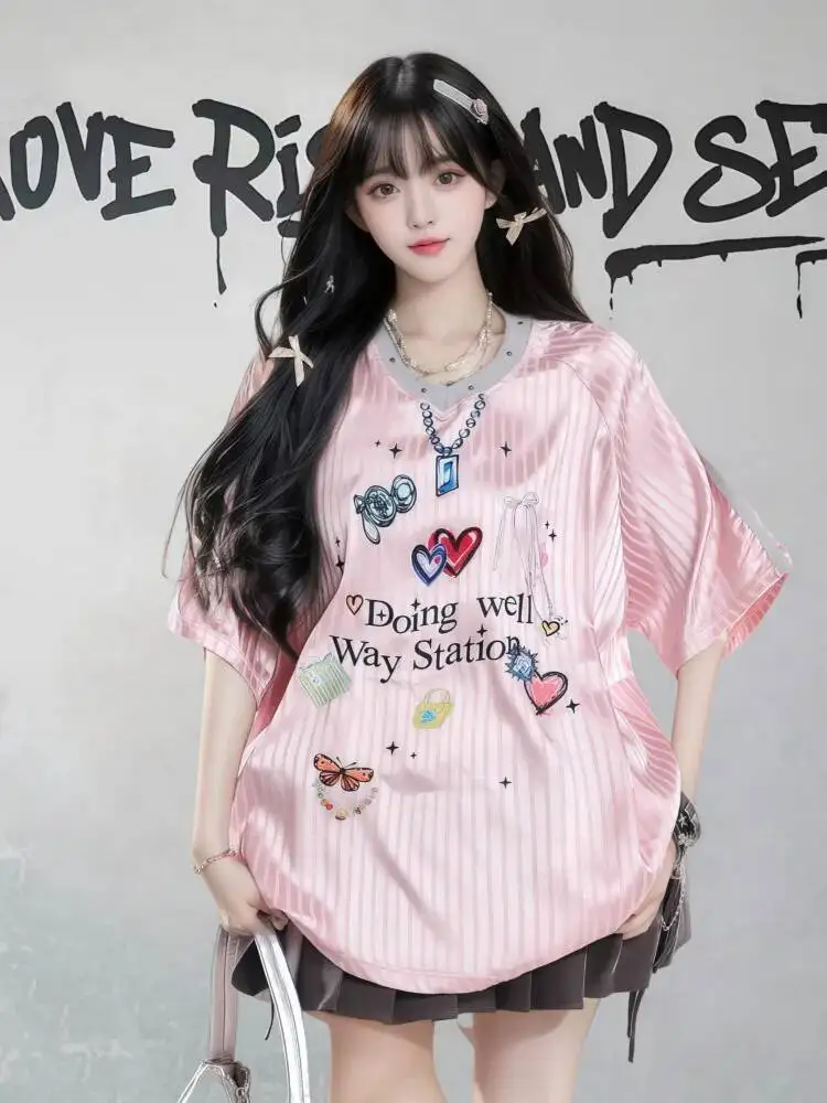 2025 Sweet Girl's Loose Baseball Jacket T-Shirt For Women Summer Pink Lazy Color-Block Striped Loose Sports Jersey Top