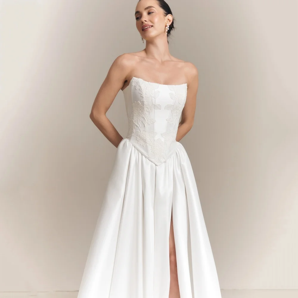 Vestidos de casamento elegantes de renda personalizados sem alças alta divisão vestidos de noiva uma linha rendas até vestido de noiva novia