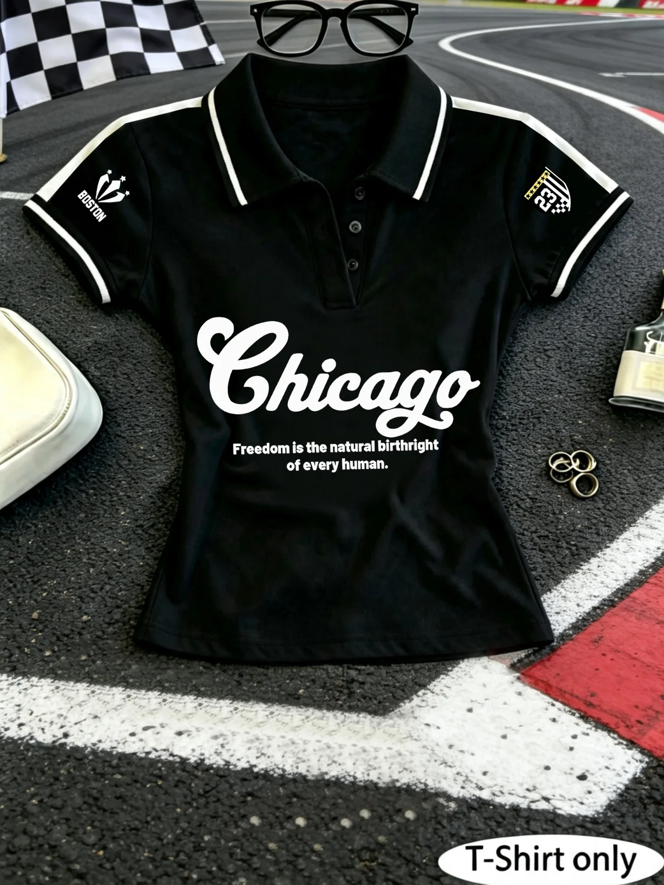 Women Y2K Cropped Polo Shirt, Chicago Letter Slogan & Double‑Sleeve Badge Print Short Sleeve, Daily Street Sports Casual Wear