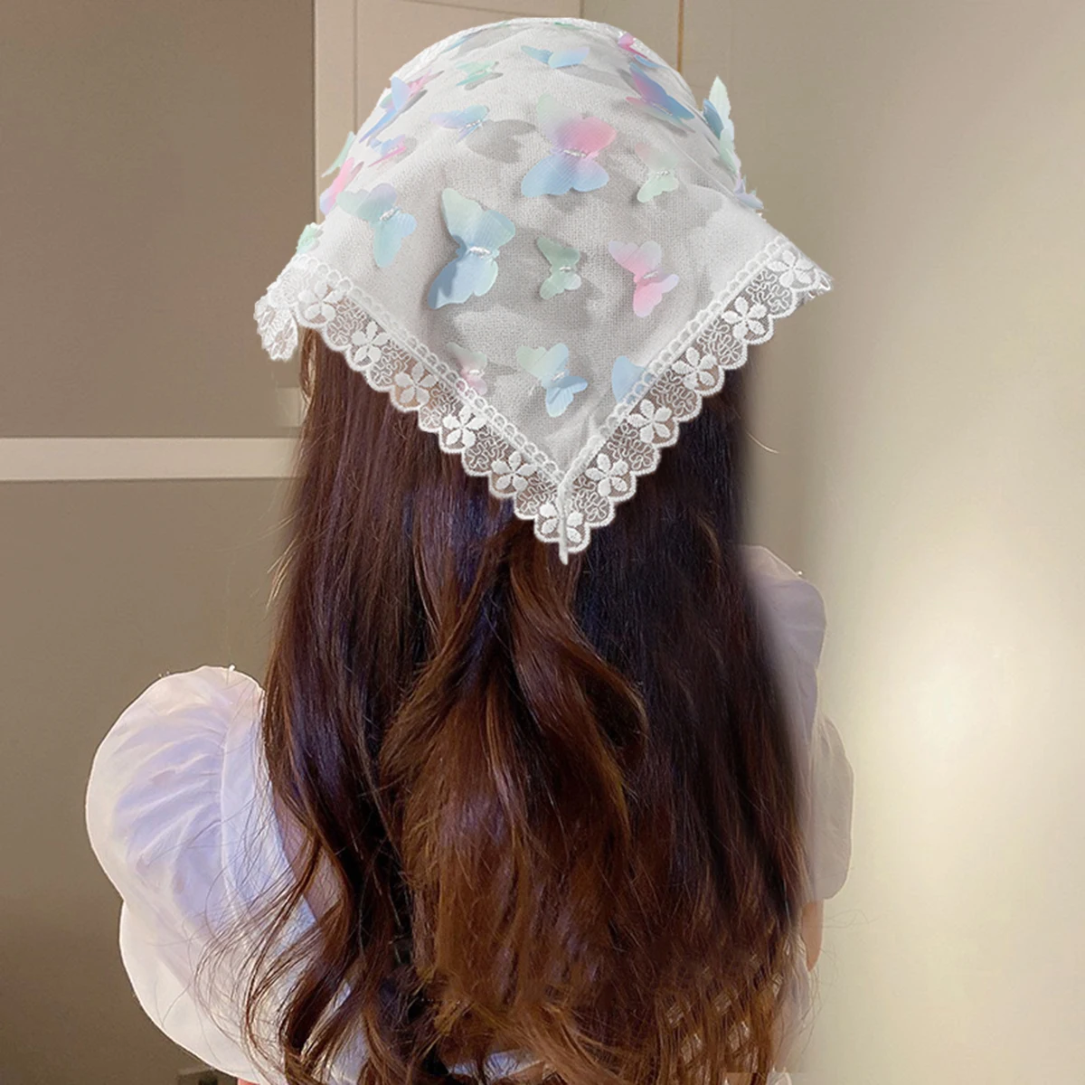 AWAYTR Floral Print Hair Scarf Bohemia Bandana White Hair Band Colorful Butterflies Triangle Scarf Kerchief Women Girl Headscarf