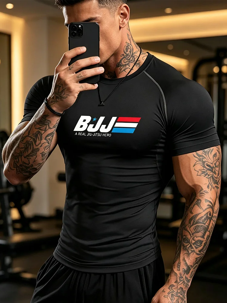 Men's Brand Printed Compression Sports Shirt - Boxing Style Quick-Dry Short-Sleeved Fitness Training Running Sports T-Shirt- J38