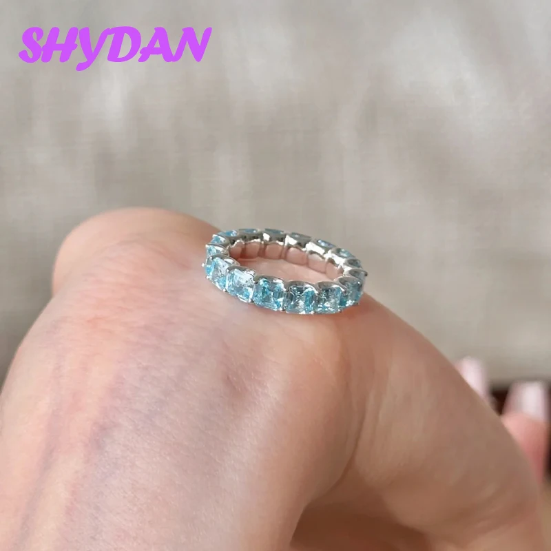 SHYDAN 925 Sterling Silver Aquamarine Finger Rings For Women Girls Fashion Charm Jewelry view 2