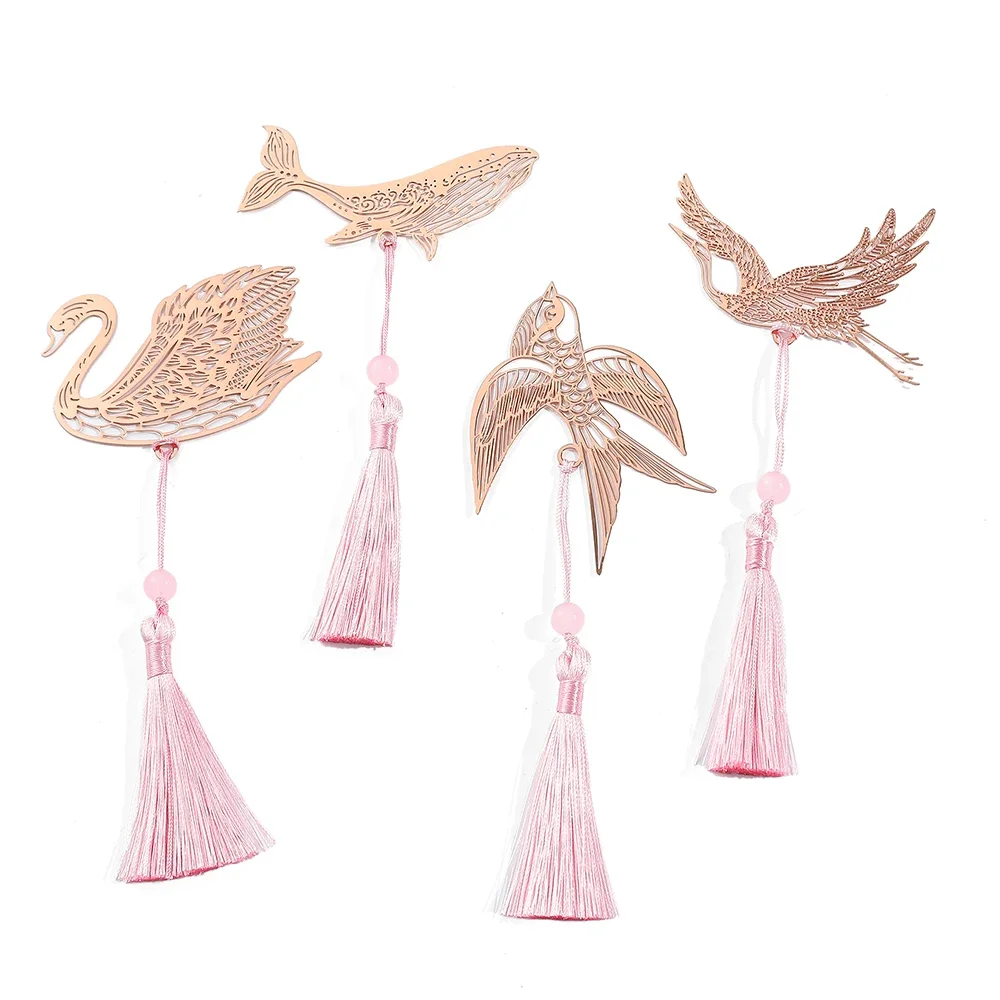 Rose Gold Swallow Whale Crane Swan Bookmark Hollow Tassels Animal Exquisite Reading Bookmark for Bookworm Book Lovers Gifts