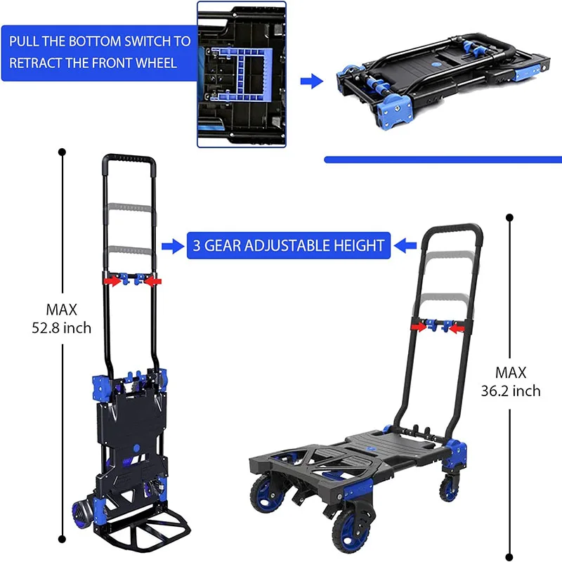 Folding Hand Truck Dolly with Folding Basket, 330LBS Capacity Carts with Wheels 2 in 1 Platform Truck