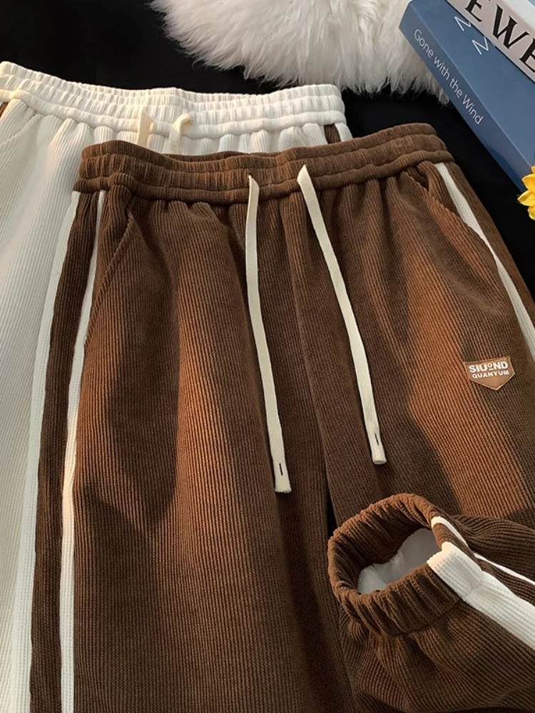 

Европейские хлопковые плотные мужские спортивные брюки в американском ретро-стиле с полосками и пэчворком, свободного кроя, для весны и осени, молодежные