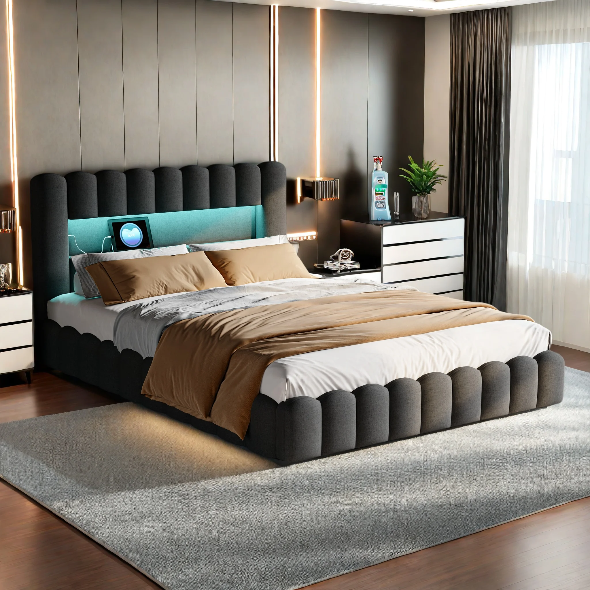 Rosahqnda Lit double rembourré, lit hydraulique avec sommier et sommier à lattes, avec LED, lit de rangement fonctionnel fabriqué