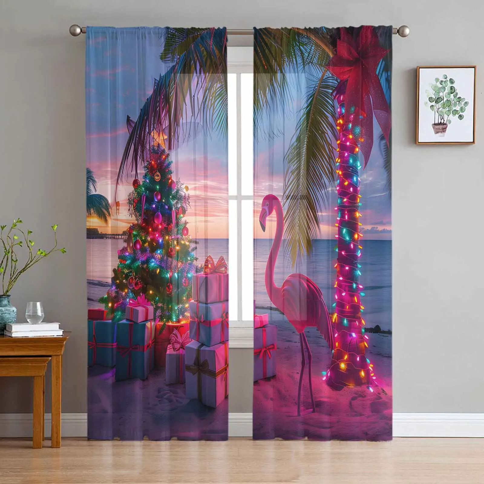 Beach Christmas Tree Colorful Flamingo Palm Tree Sheer Curtains For Living Room Modern Valance Kitchen Tulle Curtains