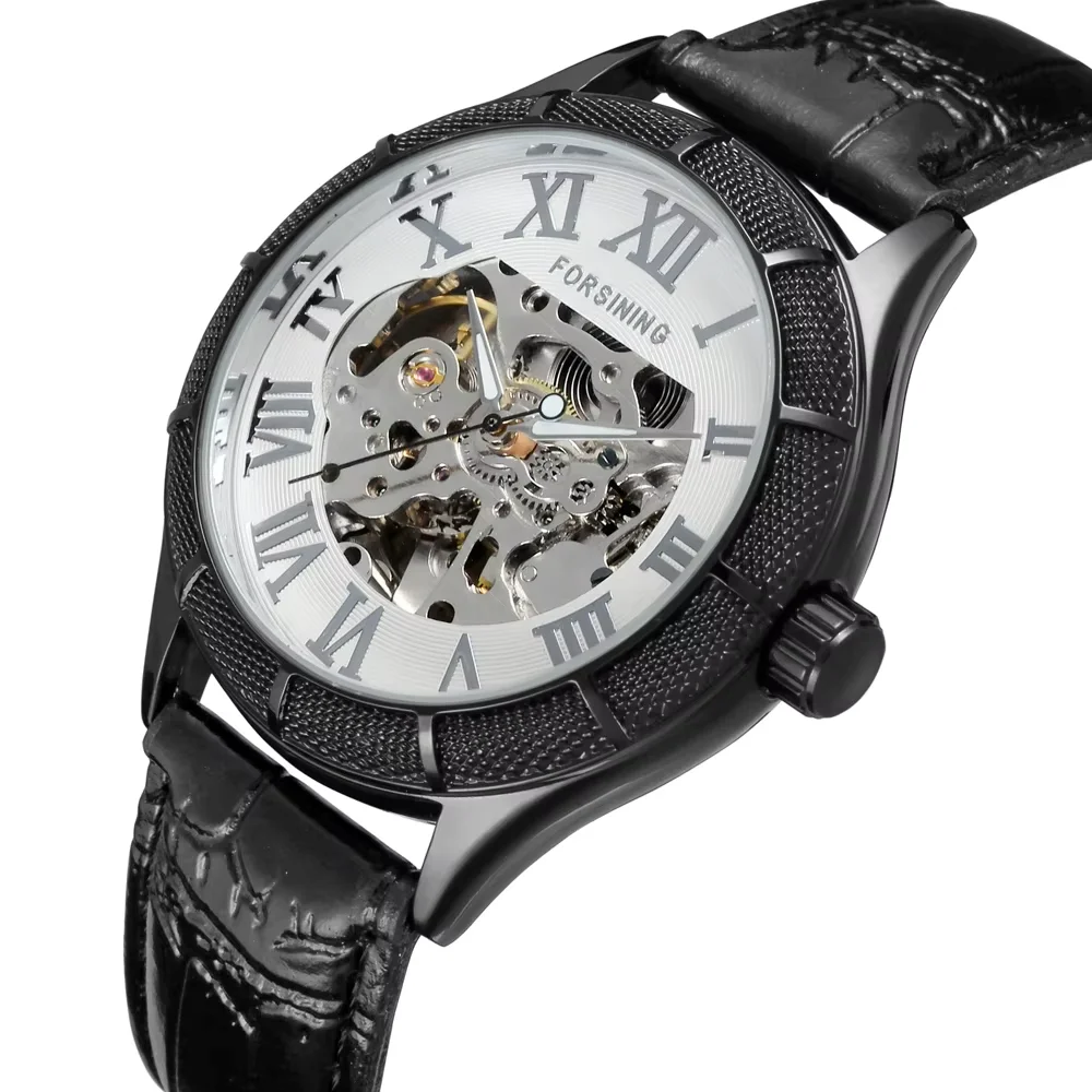FORSINING Simple mechanical watch hollow Roman digital scale penetrable mechanical watch Circular belt Men's watch