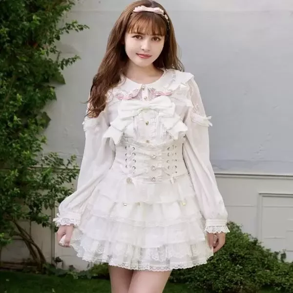 Japanese Liz Mine Style Lolita Skirt Women's Cute Girls Lace Elastic Waist Skirt Ladies Big Bow Short Sleeve Shirt Spring 2025