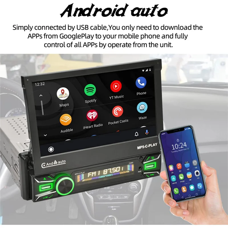 1Din Car Stereo Wireless CarPlay Android Auto 7In Electric Flip Out Touch Screen Car Radio Bluetooth Mirror Link Camera