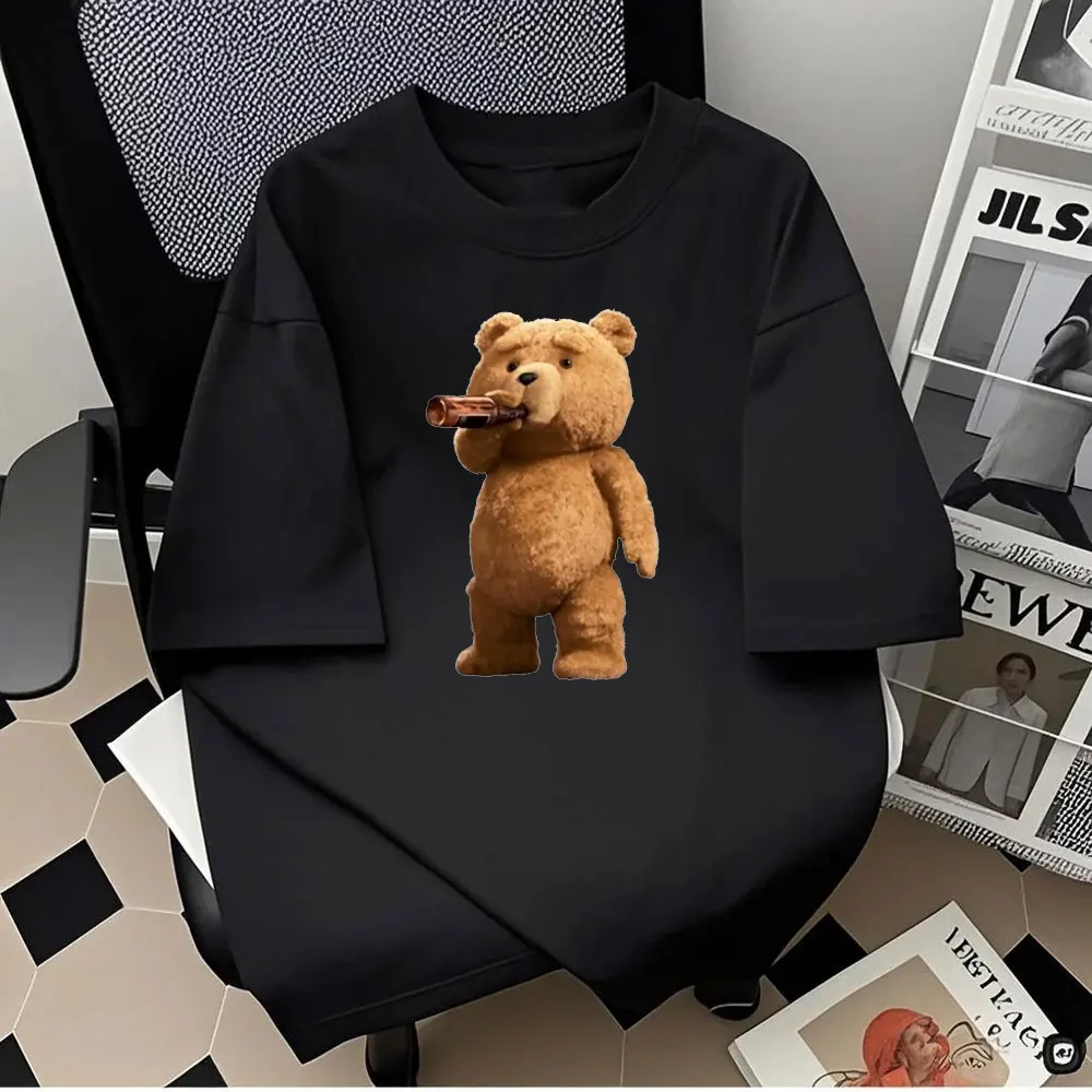 

Men's Printed Lovely Ted Bear Drink Beer Poster Streetwear T Shirts Summer Short Sleeve Cotton T-shirt Cool Tees Tops