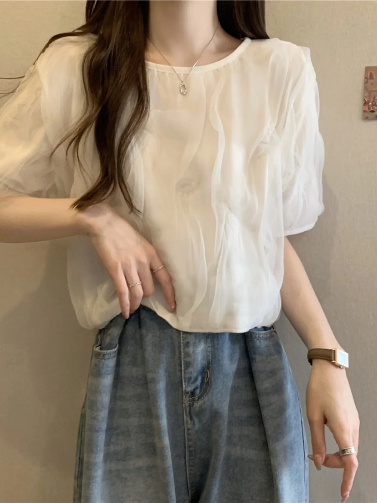

Heavyweight Me Design round Ne ort Sve Women's irt Summer New plus Size Sli Top Korean Sle Bubble Sve