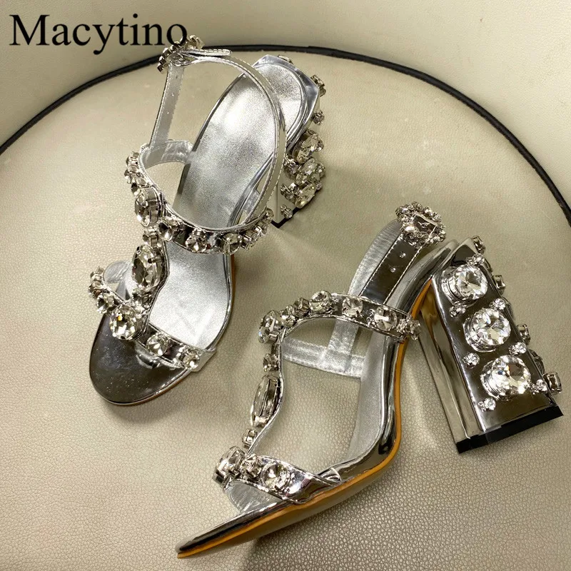 Rhinestone T-strap Design Ladies High Heel Sandals Round Toe Chunky High Heel Sandals Fashion Party High Heel Sandals