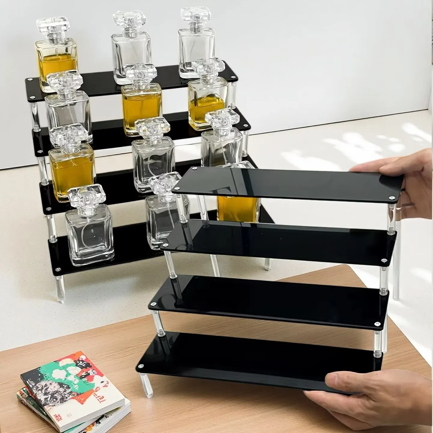 Acrylic Display Stand Riser,3 Tier Perfume Organizer Cupcake Stand Acrylic Pop Shelves Holder,Black Desk Display Shelf for Figur