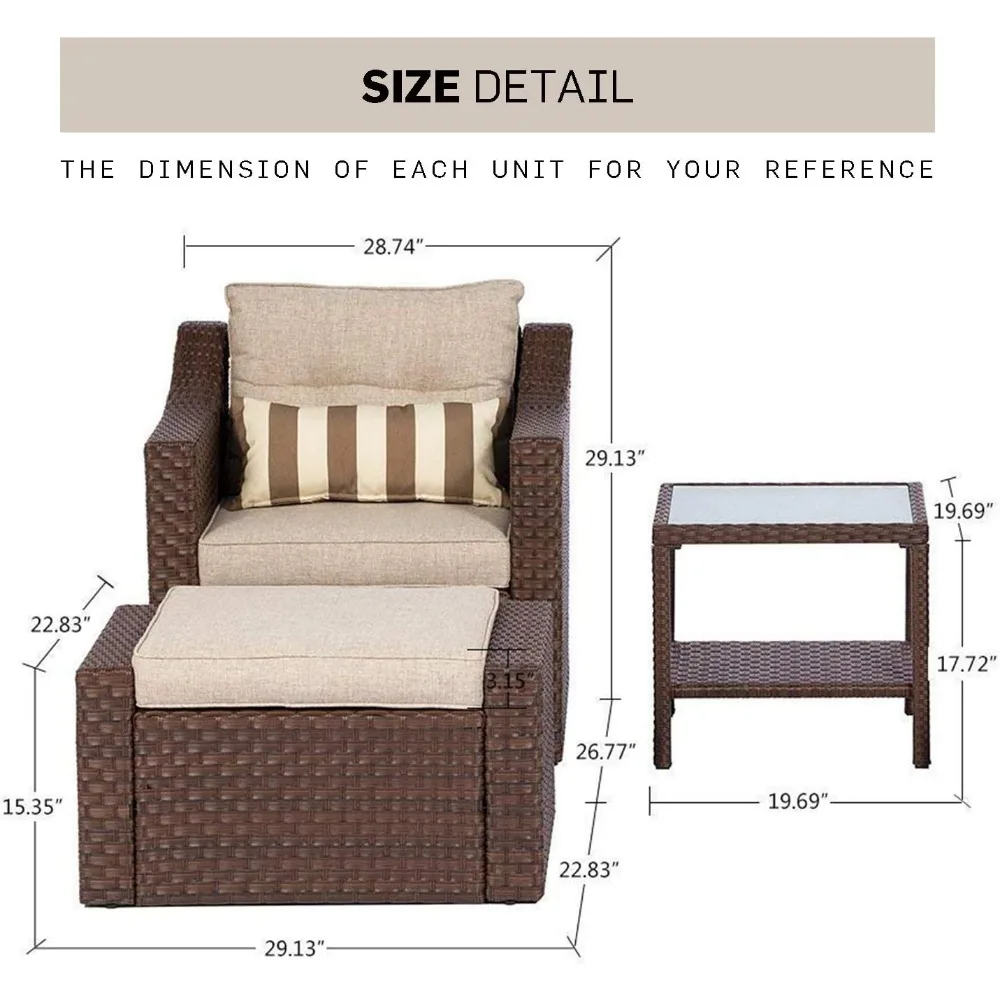 Wicker Conversação Lounge Cadeiras com Otomano e Loveseat, Almofada De Mesa De Café De Vidro, Conjunto De Móveis De Pátio Ao Ar Livre, 7 Pcs