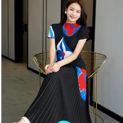 Summer Lady Pleated Skirt Suit Elegant Women Two Piece Black Short Sleeve Top Skirt Suit Female Outfit Vietnamese Clothing