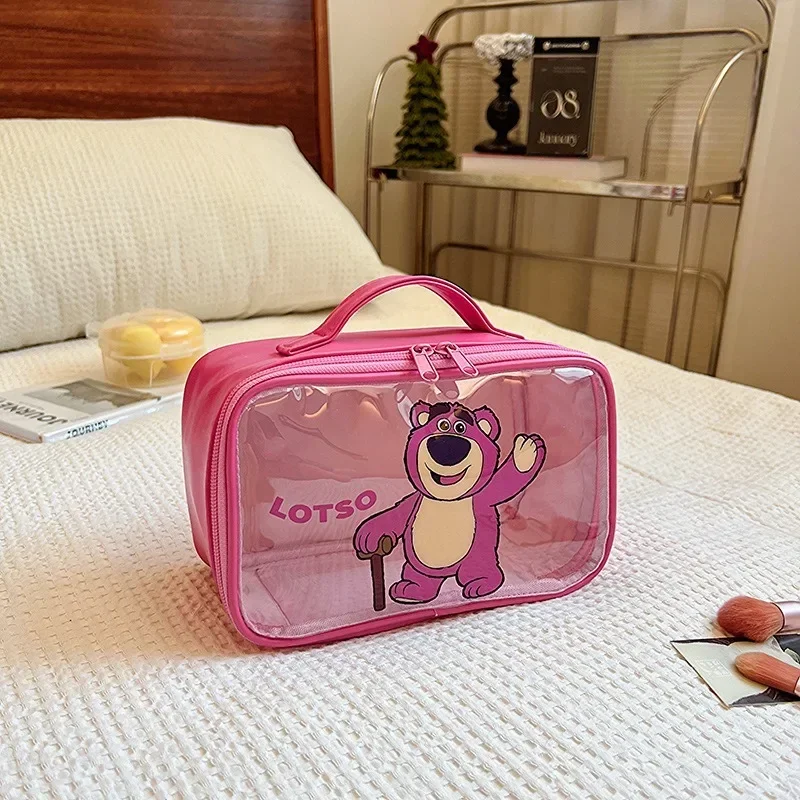 Disney Stitch Cosmetic Bag PU Leather Cartoon Lotso Large Capacity Portable Travel Toiletry Bag Girl Transparent Storage Handbag