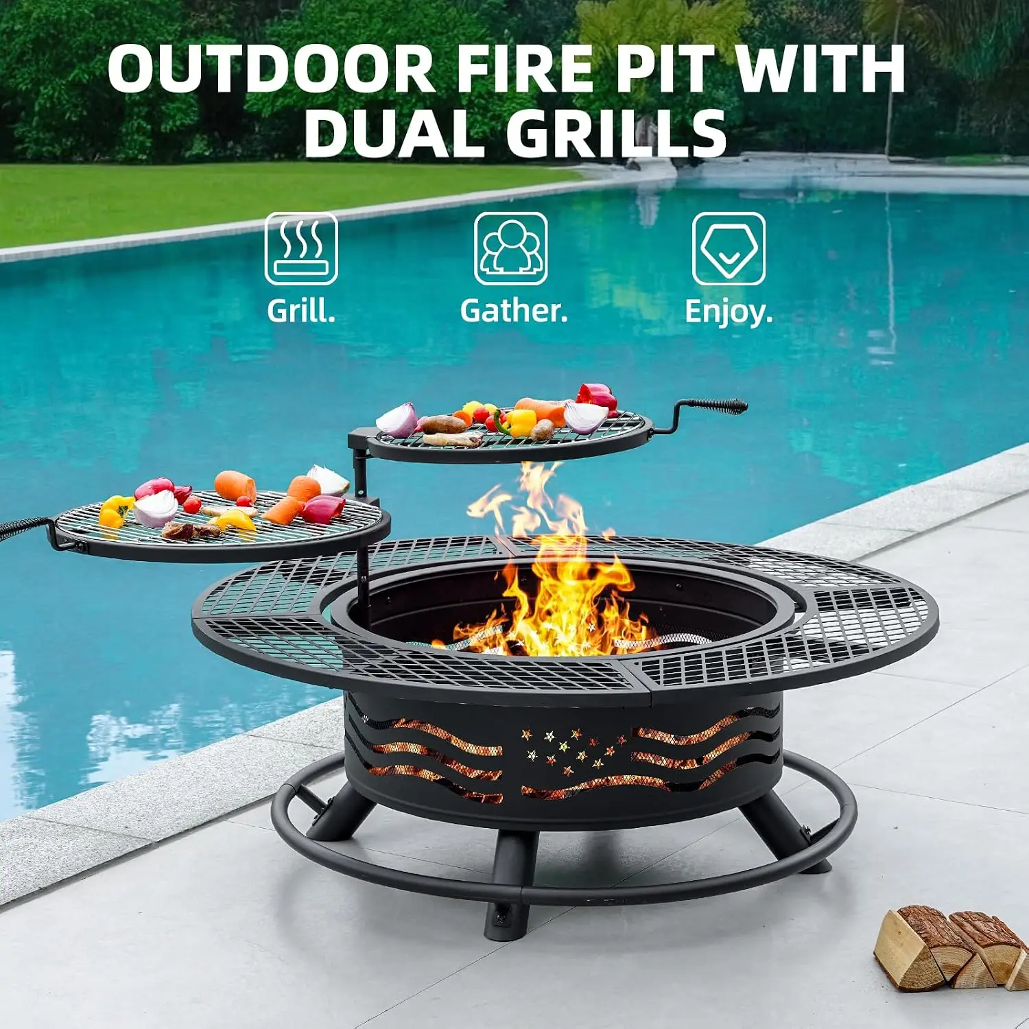 Wood Burning BBQ Grill, 2 Cooking Grates, Steel Round Table, Cover Lid Included, For Backyard Patio Picnics