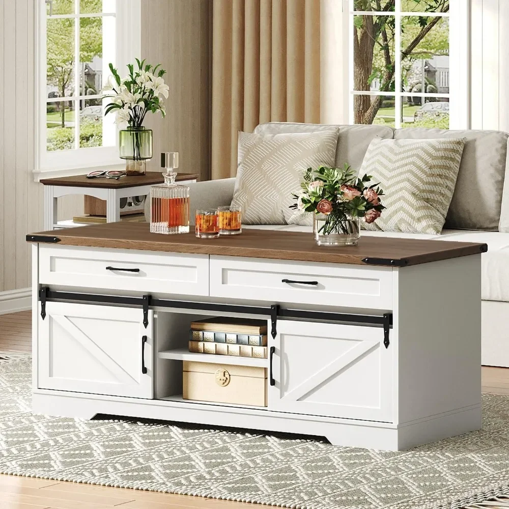 

47" Farmhouse Coffee Table with Storage and Sliding Barn Doors, Large Rustic Center Table with 2 Drawers & Open Compartments