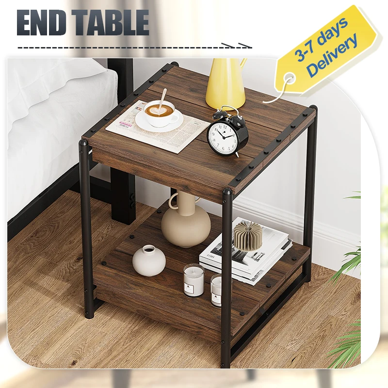 Industrial End Side Table/Nightstand for Living Room Bedroom- Large Wood End Table with 2 Tier Storage Shelf, Metal Frame