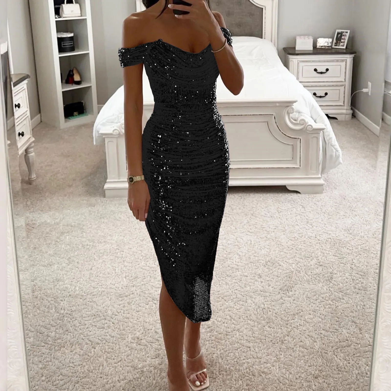 Shiny Sequin Strapless Slim Party Dress 2024 New Fashion Sleeveless Pleated Irregular Dress Elegant Off Shoulder Long Dresses