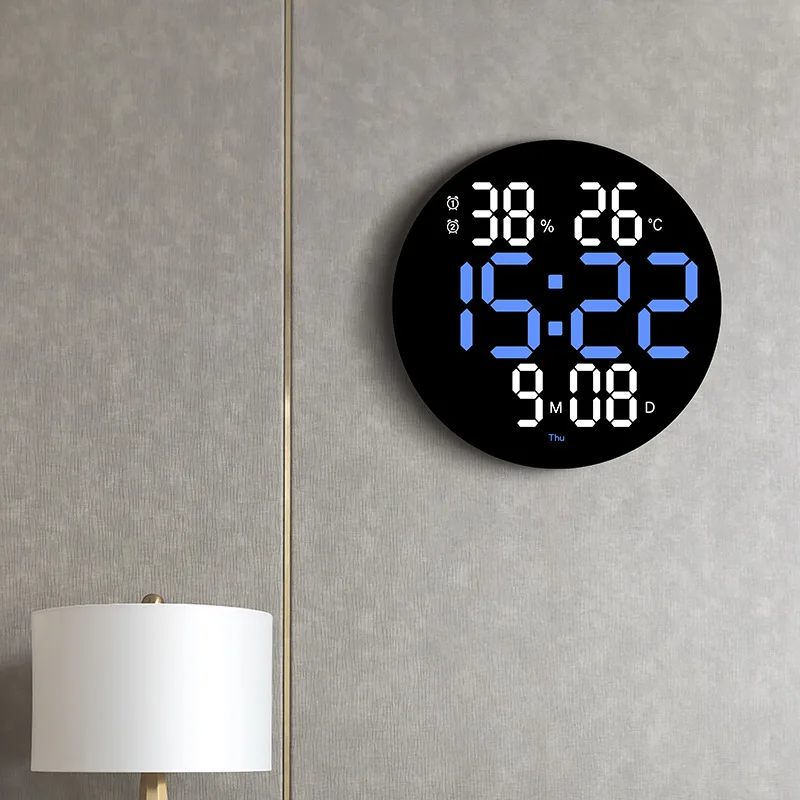 

Digital Wall Clock Led Wall-mounted Calendar with Alarms Temperature Thermometer and Humidity Hygrometer Living Room Decoration