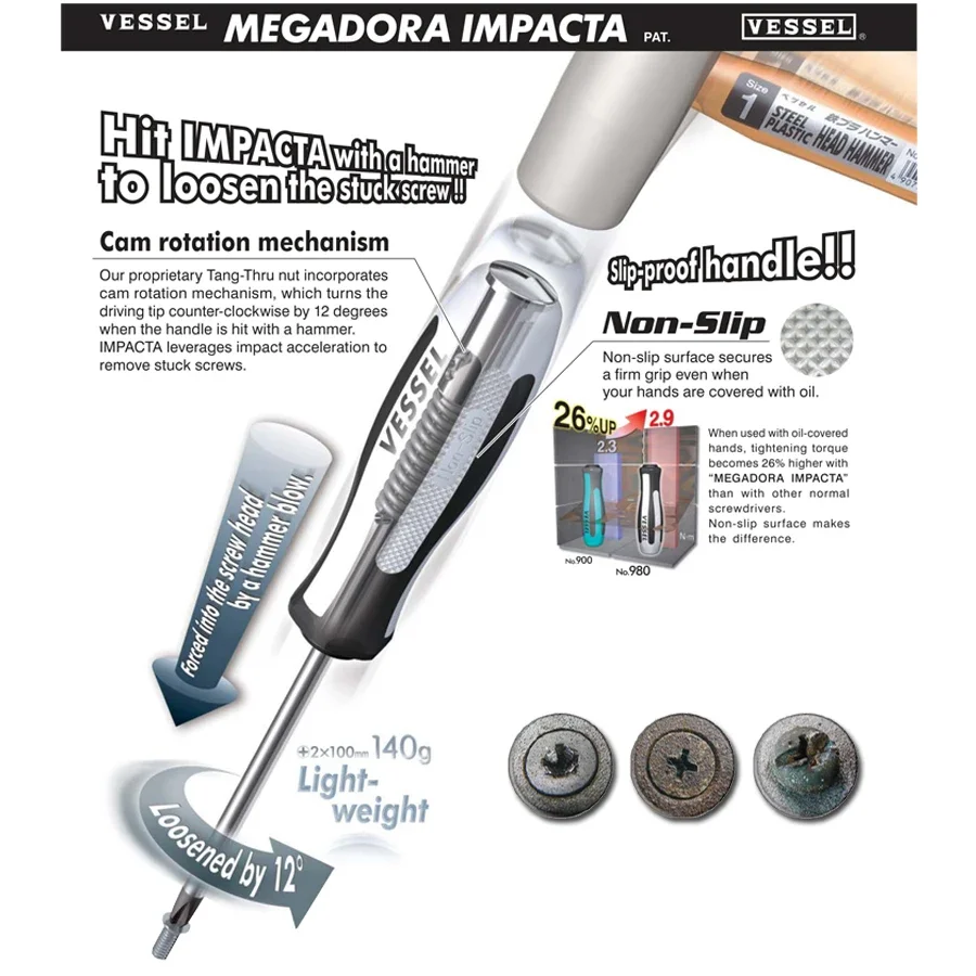 Destornillador Magnético VESSEL 1 Pieza MEGADORA IMPACTA Phillips JIS, Destornillador de Impacto Antideslizante, Herramientas Manuales Japonesas Serie N0.980