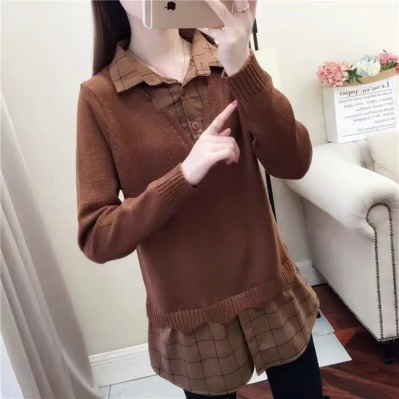 Mode Revers Gebreide Spliced Lattice Fake Twee Stukken Blouse Vrouwen Kleding 2022 Herfst Nieuwe Casual Truien Pendelen Shirt