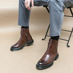 Fashion Mens Leather Chelsea Boots Luxury Quality Thick Soled Handmade British Style Ankle Side Zipper Business Social Shoes Man