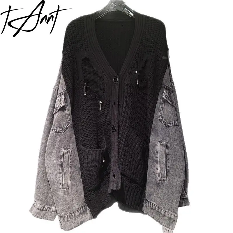 

Tannt Women Loose Sweater Knitted Top Casual Leasure Kintting denim patchwork hole Cardigan Wholesale Dropship 2025