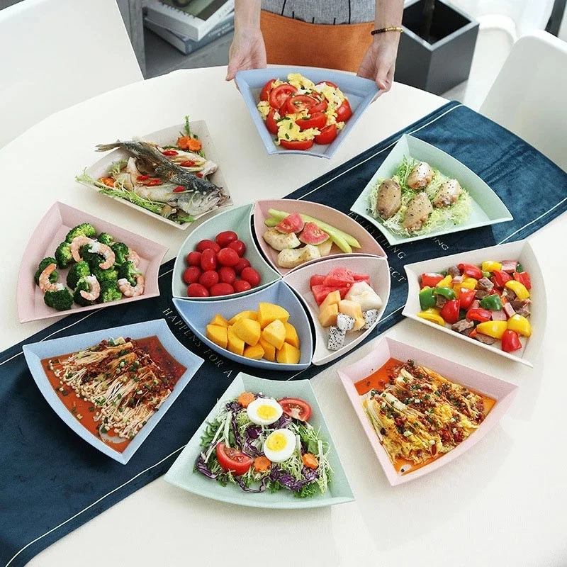 

Creative Wheat Straw Platter Set Combination Plate Fruit Salad Plate Dinnerware Tray Household Cutlery Set Fan Shaped Tableware