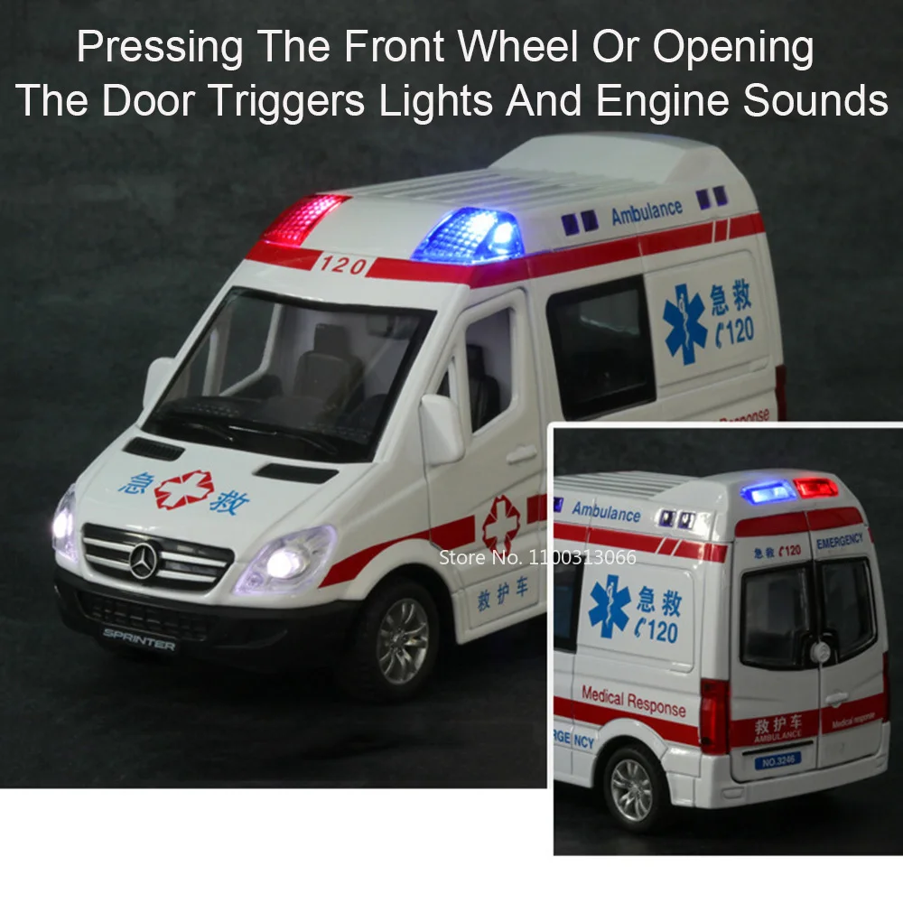 1/32 Ambulance Car Models Toys Alloy Diecast with Light Sound Rescue Vehicle 5 Doors Opened Cars Boy Collection Decoration Gifts