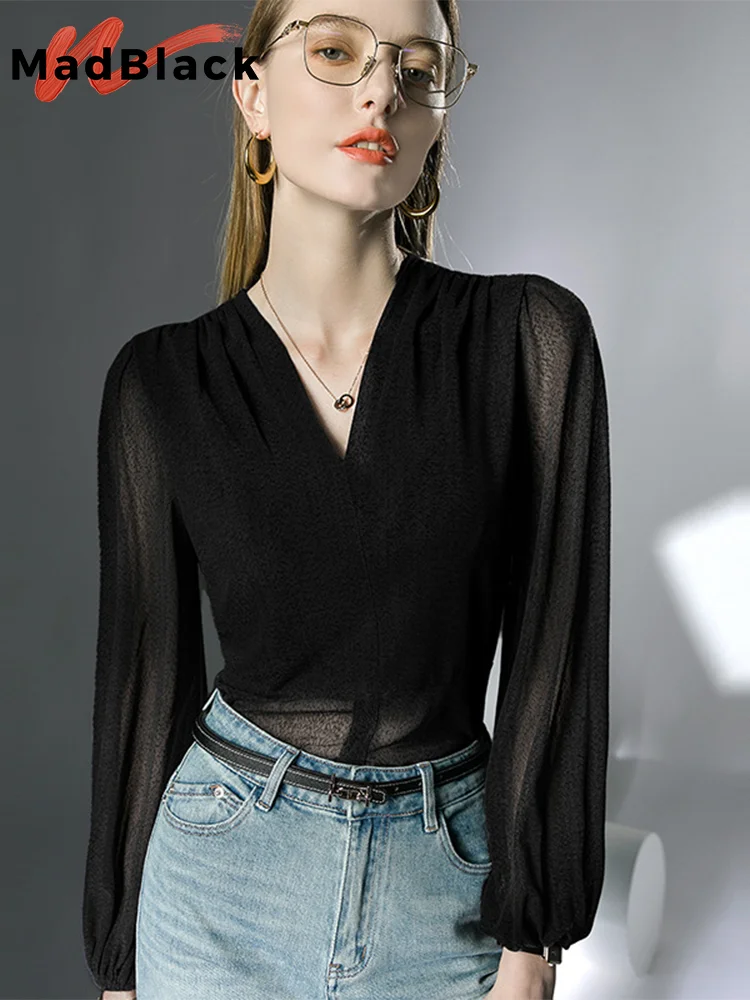 

"MadBlack European Clothes Tshirt Women Sexy V Necks Semi-Sheer Loose Mesh Tops Long Lantern Sleeve Tees Autumn Winter T37416JM