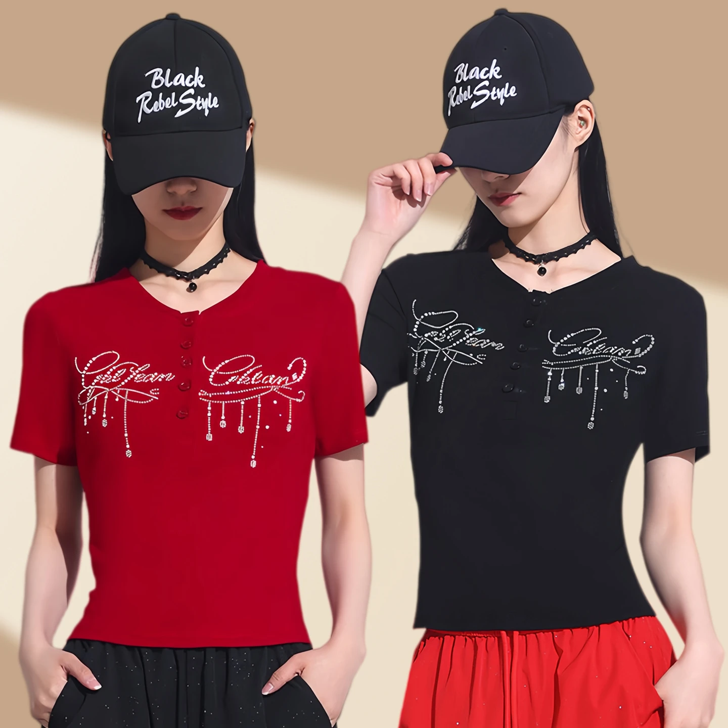 fashionable-round-neck-buttoned-short-sleeve-waist-cinching-square-dancing-top-women's-casual-sportswear-diamond-embellished