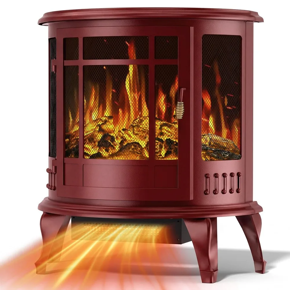 Electric Fireplace Stove Oval Freestanding Fireplace Heater w/ 3D Flame Thermostat Control 1500W Quiet Heating Portable