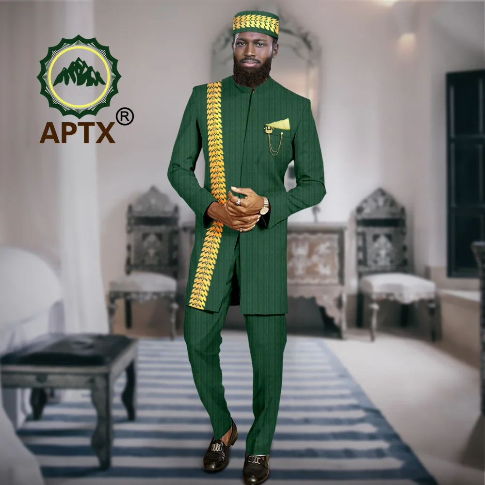 African Clothes for Men Fashion Suits Attire Bazin Riche Dashiki Ankara Jacket Pants Hat 3 Pcs Set Party Date Occasion A2316070