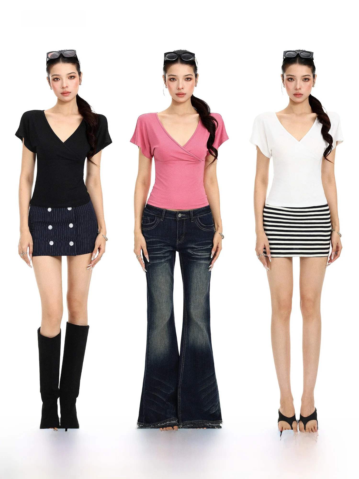 Slim Fit Short Sleeve V-Neck T-Shirt Women Summer Sexy Waist Cinched Cross V-Neck Small Flying Sleeve Top for Young Ladies