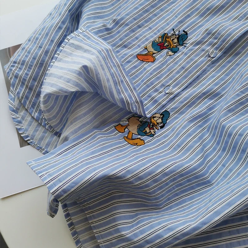 Embroidered Vertical Striped Shirts For Women Spring New Loose All-Match Slightly Bandage Blusas Casual Blouse Mujer