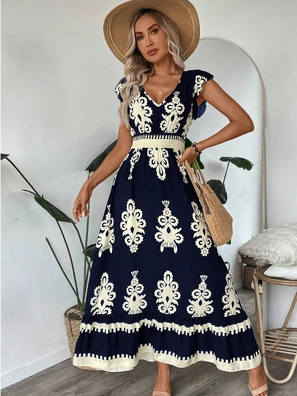 Ele V-ne Printed Waist-cinching Holiday Sle Dr Summer New Faion Fly-sve Long Dr Soft Polyester Fabric