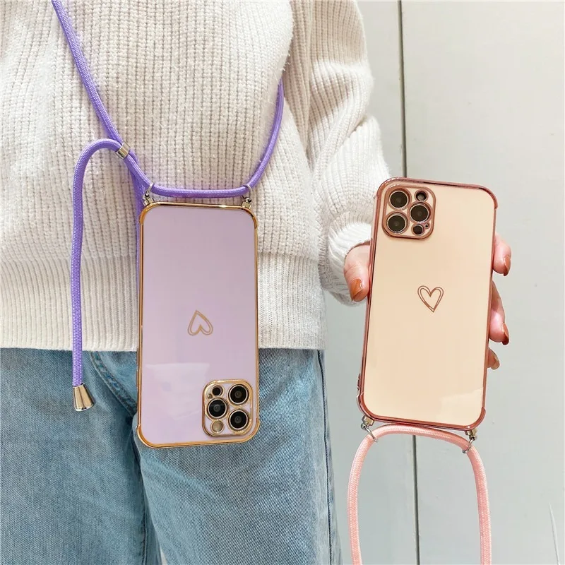 Luxury Crossbody Necklace Lanyard Plating Love Heart Soft Case For iPhone 13 Pro Max 14Cover