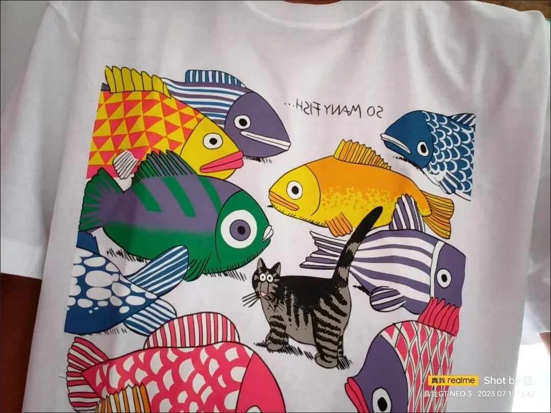 220g Cotton Europe Retro Tops Female Bohemian Simple Graffiti So Many Fish Frightened Cat Short Sleeve T-shirt Women Summer Y2k