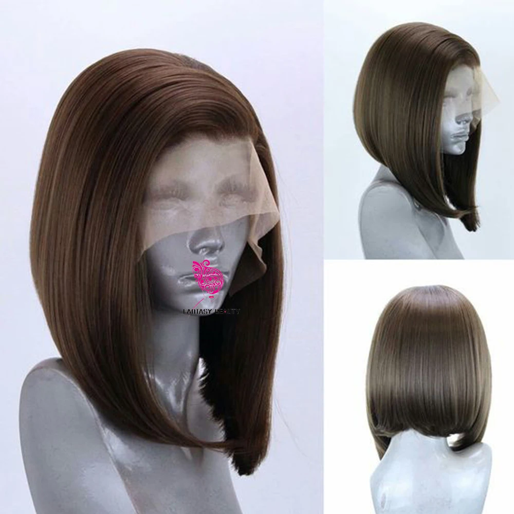 Dark Brown Short Bob Wig Synthetic Lace Front Wigs Bone Straight Transparent Lace Frontal Wigs Heat Resistant Fiber For Women