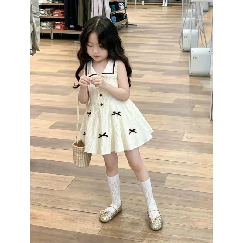 Baby Girl Dress Summer New Children's Apricot Lace Doll Collar Tank Top Dress Girl Texture Bow Short Skirt 2-7Y